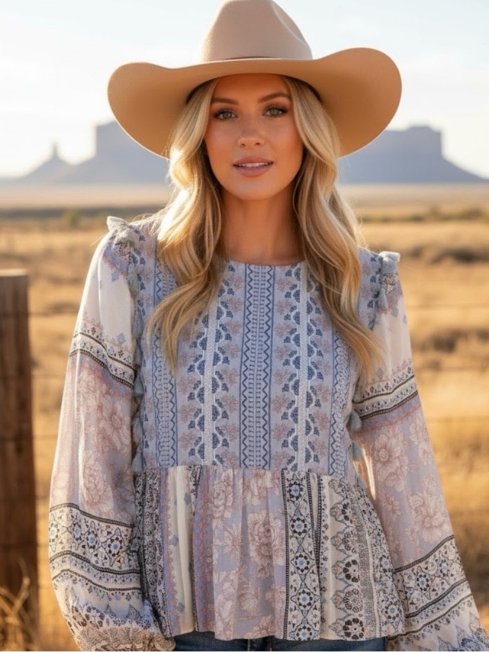 American Eagle Outfitters Floral Boho Peasant Blouse in Cream and Blue